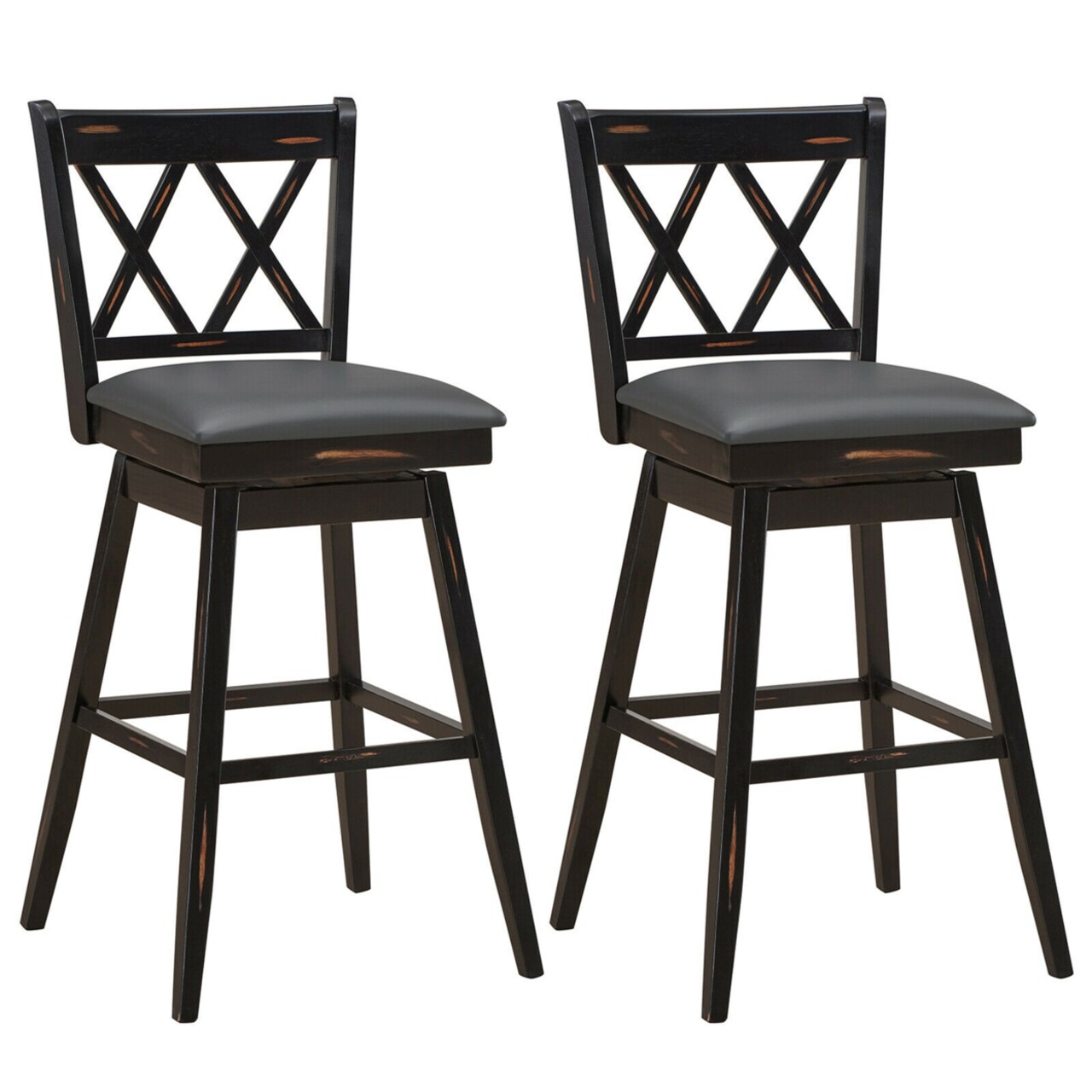 Set Of 2 Barstools Swivel Bar Height Chairs With Rubber Wood Legs